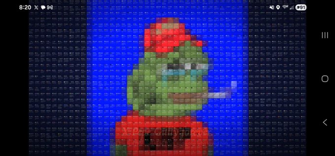 A pixel art rendering of Pepe the Frog wearing a red cap and shirt, displayed on what appears to be an LED screen with phone status icons visible at the top.
