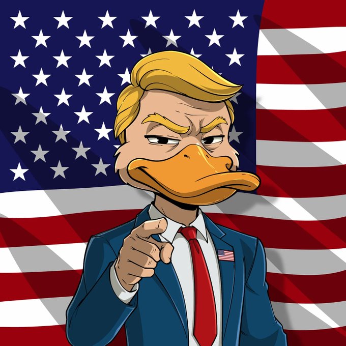 An illustrated cartoon of Donald Trump depicted as a duck with a stern expression, wearing a blue suit with an American flag lapel pin and red tie, pointing at the viewer in front of an American flag background.
