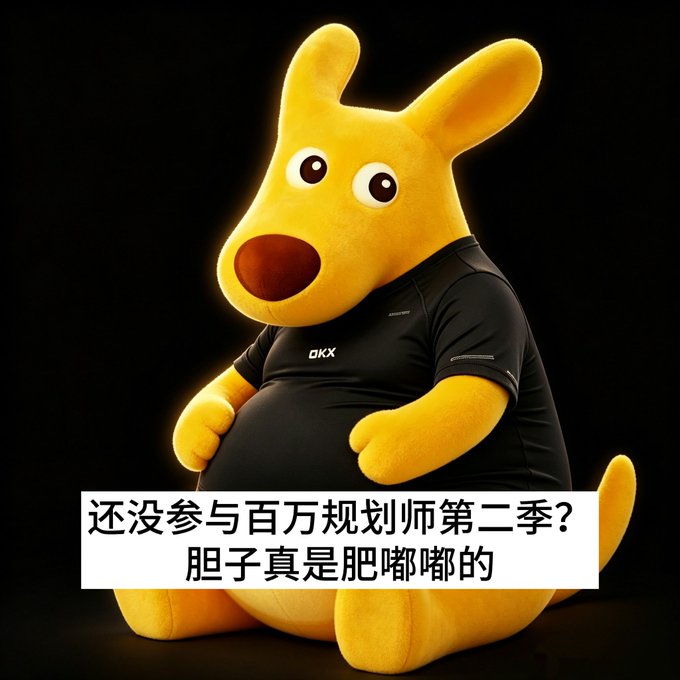 A 3D-rendered yellow kangaroo character wearing a black OKX shirt sits with a round belly, accompanied by Chinese text reading '还没参与百万规划师第二季？胆子真是肥嘟嘟的' (Haven't participated in Million Planner Season 2 yet? You've got guts).