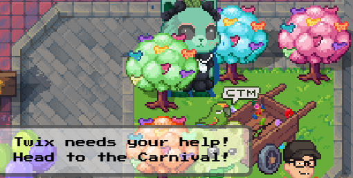 Pixel art game screenshot showing a speech bubble reading 'Twix needs your help! Head to the Carnival!' with characters in a top-down view.