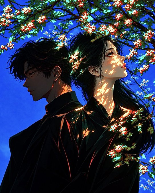 An anime-style illustration of a man and woman in black traditional attire standing back-to-back beneath blooming white flowers against a deep blue sky.
