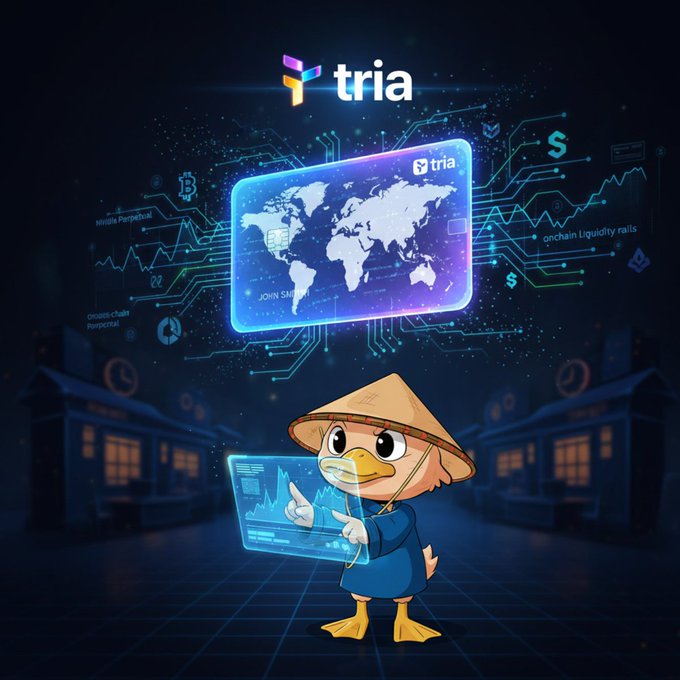 The image features a cartoon duck standing next to a computer screen displaying a map of the world, with a logo for Tria visible above the screen. The background shows buildings and other elements typically found in an urban setting. The text "Traditional brokers still make global markets feel way more restricted than they should be." is present within the image, which seems to be related to the concept of cryptocurrency or blockchain technology.