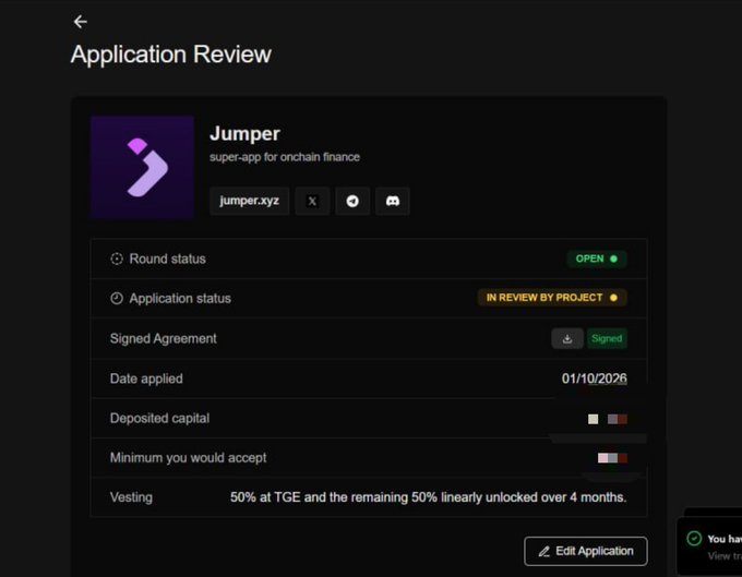 An application review screen for 'Jumper' (super-app for onchain finance at jumper.xyz) showing status 'IN REVIEW BY PROJECT', date applied 01/10/2026, with vesting terms of 50% at TGE and remaining 50% linearly unlocked over 4 months.