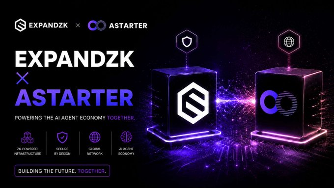 Promotional banner announcing the "EXPANDZK x ASTARTER" partnership to "Power the AI Agent Economy Together," featuring 3D cubes with both logos and pillars highlighting ZK infrastructure, security, global network, and AI agent economy.