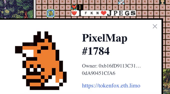 A screenshot of an NFT listing for 'PixelMap #1784' featuring an orange pixel art character, with the header 'FKN ❤️ JPEGS'.