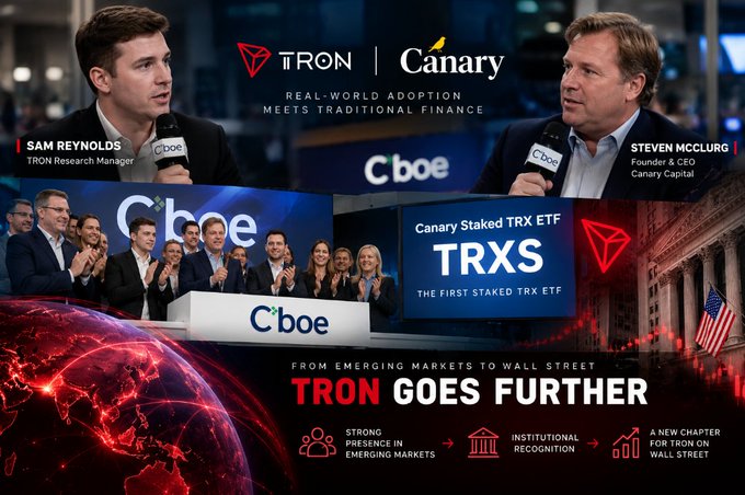 A promotional graphic features Sam Reynolds of TRON and Steven McClurg of Canary Capital, with the text "TRON | Canary", "REAL-WORLD ADOPTION MEETS TRADITIONAL FINANCE", "Canary Staked TRX ETF TRXS THE FIRST STAKED TRX ETF", and "FROM EMERGING MARKETS TO WALL STREET TRON GOES FURTHER".