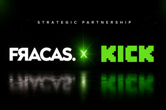 A promotional graphic on a black background reading 'STRATEGIC PARTNERSHIP' with the logos 'FRACAS.' and 'KICK' separated by an 'X', with a green glow and reflections below.