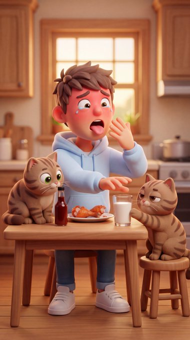 A 3D-rendered cartoon image of a shocked boy sitting at a wooden table with two tabby cats, a glass of milk, a bottle, and a plate of food in a cozy kitchen setting.