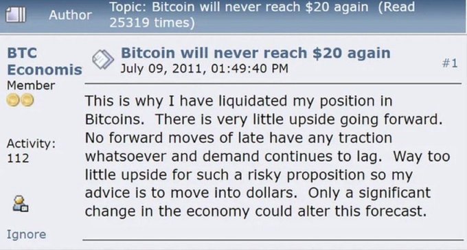 A forum post from BTC Economics member on July 09, 2011 titled 'Bitcoin will never reach $20 again', where the author explains liquidating their Bitcoin position due to lack of upside.
