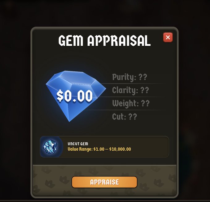 A video game UI screen titled 'GEM APPRAISAL' displaying a blue gem with stats of '??' for Purity, Clarity, Weight, and Cut, showing a value range of $1.00 - $10,000.00 with an 'APPRAISE' button below.