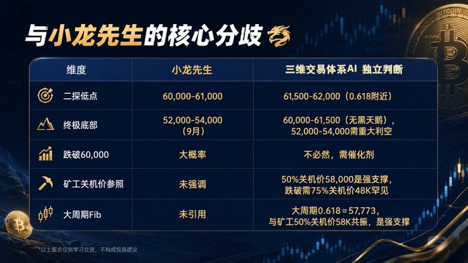 A Chinese infographic titled "与小龙先生的核心分歧" (Core Disagreements with Mr. Xiaolong) presents a comparison table between two analysts—小龙先生 (Mr. Xiaolong) and 三维交易体系AI (3D Trading System AI)—on Bitcoin price forecasts, covering key levels like the second low (60,000-61,000 vs. 61,500-62,000 near 0.618), ultimate bottom (52,000-54,000 in September vs. 60,000-61,500), probability of breaking 60,000, miner shutdown price reference, and a macro Fibonacci level of 57,773 aligning with the 50% miner shutdown price at 58K.