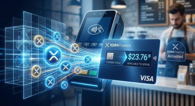 A promotional graphic for 'XORA Finance' shows a digital Visa credit card with $23.76 available to spend, displayed alongside a payment terminal and a barista in a coffee shop.