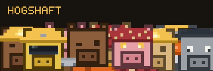 The pixel-art image displays the word "HOGSHAFT" in the top-left corner above a row of five blocky, 8-bit style pig faces in various colors (yellow-helmeted, brown, red-spotted, gold-crowned, and gray). The illustration appears to be a playful pun on "Hogshaft" referencing "hogs" (pigs) combined with a shaft/mine imagery, tying into the post about an ORE (likely a mining or resource-related) update from zinnresearch during "HaWG week."