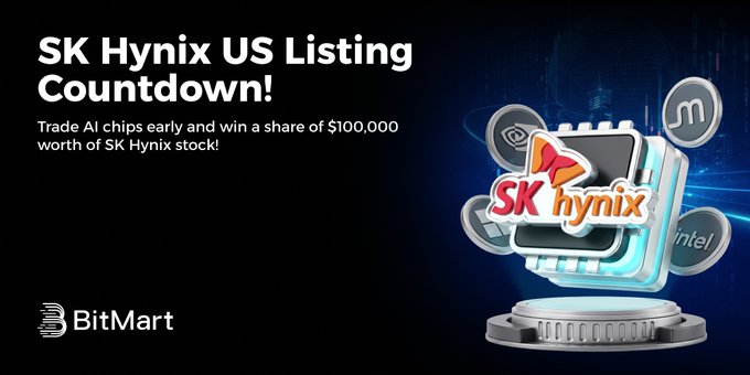 A promotional graphic for BitMart announces an "SK Hynix US Listing Countdown!" event, offering traders the chance to win a share of $100,000 worth of SK Hynix stock by trading AI chips early. The image features the BitMart and SK Hynix logos alongside graphics of computer chips labeled with "intel" and "ai," tying into the urgency of the post highlighting the final day to participate for rewards like free shares and airdrops.