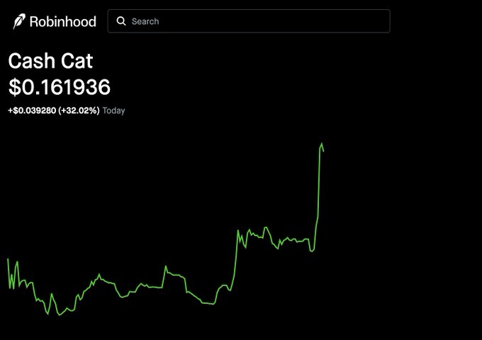 A screenshot from Robinhood shows the memecoin "Cash Cat" trading at $0.161936, up 32.02% (+$0.039280) today, with a chart depicting a dramatic late-day spike. The image illustrates the post's claim that Robinhood has listed a memecoin from its own ecosystem—a move Coinbase reportedly refused to make—raising questions about whether this could pave the way for more memecoin listings.