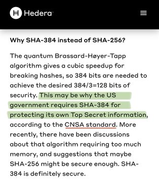The image features a webpage that discusses the importance of having top secret information protected by using a network with consensus (aBFT) and encryption (SHA-384). This suggests that the US government, specifically the Department of Defense (DoD), has taken measures to ensure security for its Top Secret Information. In addition, there is an explanation stating that more discussions are needed about how to protect this information due to the current lack of knowledge on the topic. The text is written in green and black colors on a white background against a black header with the word "HEDERA" displayed at the top.