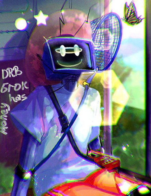 A digital painting depicts a figure with a TV-like head displaying a smiley face, standing near a fan and a disco ball, with the text 'DRB 6TDK has money' on the left.