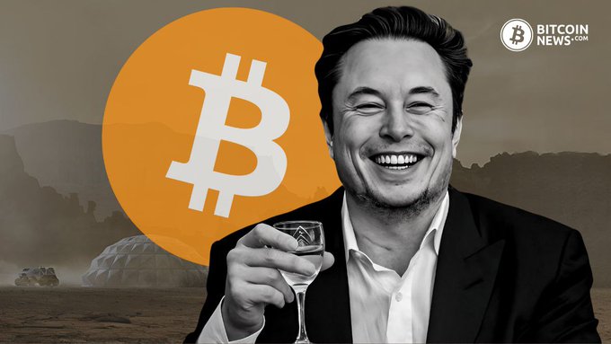The image features an illustration of a man wearing a suit holding a wine glass with a smile on his face. The background shows a large orange circle with the Bitcoin logo inside, and there are mountains visible behind the man. The text "ELON Musk's EMPIRE COULD BECOME A TOP 5 CORPORATE BITCOIN HOLDER CNBC reports" is also present in the image. This suggests that the man might be discussing or promoting the idea of a new company merging Tesla and SpaceX, which could potentially become one of the top five corporate Bitcoin holders according to Forbes.