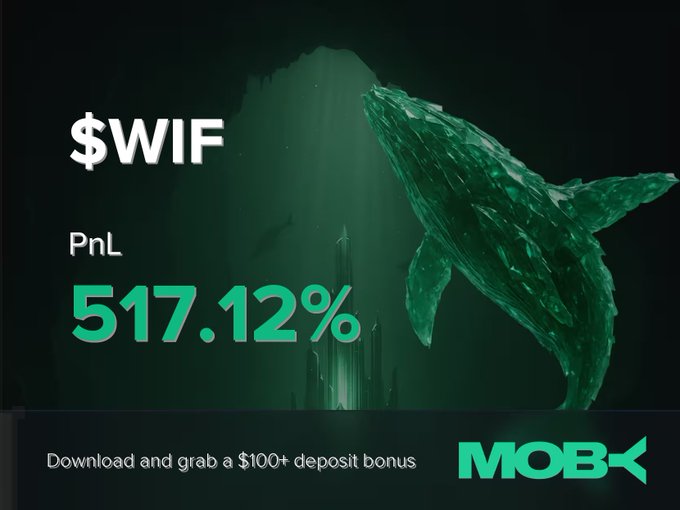 A promotional graphic from Moby announcing a trade alert, featuring a large green whale silhouette and text highlighting a closed $WIF position with a +517.12% PnL, alongside a "$100+ deposit bonus" download offer that aligns with the accompanying win alert post.