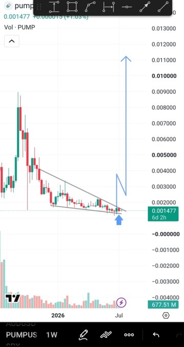 A TradingView chart of PUMPUSDT shows a descending triangle pattern breaking upward with an arrow projecting toward the $0.011 target, illustrating the trader's hit first target for 110% profit and eye on the second target.