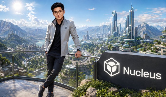A young man poses confidently in front of a futuristic cityscape with the "Nucleus" logo prominently displayed, suggesting a promotional image for the brand.