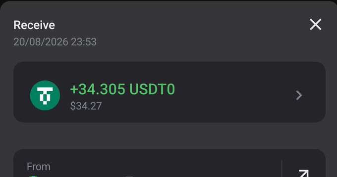 A crypto wallet receipt screen showing a received transfer of +34.305 USDT0 ($34.27) on 20/08/2026 at 23:53.