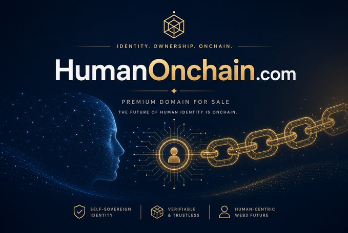 A promotional image advertising 'HumanOnchain.com' as a premium domain for sale, featuring digital imagery of a human profile and blockchain chain.