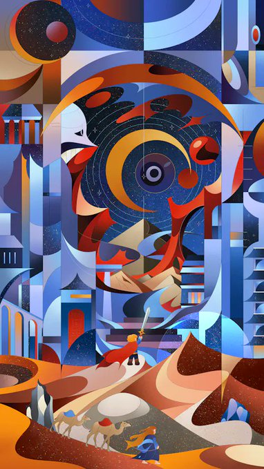 A colorful geometric abstract illustration with a cosmic theme, depicting a small figure with a red cape holding a sword in a fantastical landscape of planets, castles, and swirling patterns.