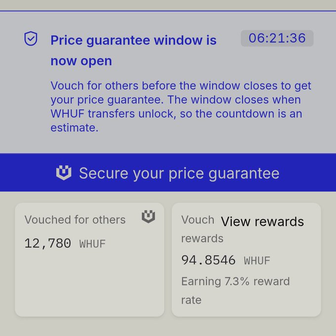 The post announces $WHUF's listing day, accompanied by an image showing an active price guarantee window with a countdown of 6:21:36, displaying 12,780 WHUF vouched for others and a 7.3% reward rate of 94.8546 WHUF. The screenshot captures the early-stage community vouching incentives available before WHUF transfers become unlocked.