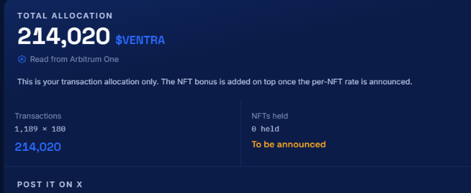The image displays a "Total Allocation" screen showing 214,020 $VENTRA tokens for a wallet read from Arbitrum One, based on 1,189 transactions (× 180 multiplier), with 0 NFTs held and NFT bonuses to be announced. This corresponds to the accompanying post, which instructs Arbitrum users to check their wallet address on ventran.xyz for $VENTRA airdrop eligibility.