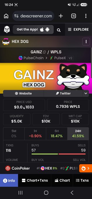 DexScreener mobile page for the 'GAINZ' / 'HEX DOG' token on PulseChain, showing a price of $0.01033 / 0.7936 WPLS, $5.0K liquidity, and a 24H gain of 41.59%.