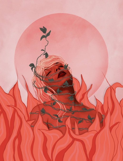 The image features a woman with blonde hair, who appears to be wrapped up in vines or plants. The background of the image is pinkish-red, which gives off an impression of fire. The caption reads "Happy New week! :) Transcendence 1/1 at 70xtz". This post seems to be related to the artist's work and possibly a social media post about art or a celebration of the new year.