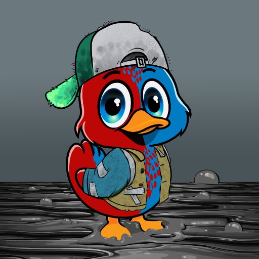 An illustrated cartoon duck character with blue and red plumage wearing a green and gray backwards baseball cap and a patched tan vest, standing on a wet gray surface with small bubbles around.