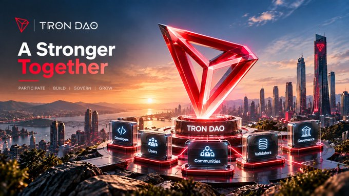 A promotional graphic for 'TRON DAO' featuring the tagline 'A Stronger Together — Participate, Build, Govern, Grow,' with a futuristic red TRX diamond logo set against a sunset cityscape and icons representing Developers, Users, Communities, Validators, and Governance.