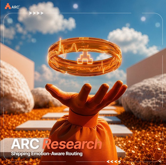 A digital poster features a hand holding a glowing golden ring with a heartbeat line design, with text reading 'ARC Research' and 'Shipping Emotion-Aware Routing' at the bottom.