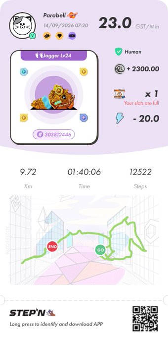 A STEPN fitness app screenshot showing a jogging avatar at 'Vlogger Lv 24' with 23.0 GST/Min, 9.72 km, 01:40:06 time, and 12522 steps recorded.