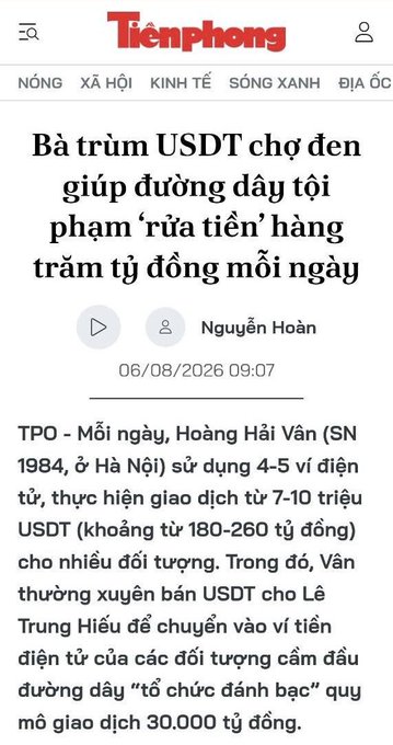 A Vietnamese news headline from Tiền Phong reports a woman, Hoàng Hải Vân (born 1984, Hanoi), was arrested for allegedly running a large-scale crypto black market, exchanging 7-10 million USDT (180-260 billion VND) daily for an online gambling network with transactions of 30,000 billion VND. The image relates to the post by illustrating an example of an "OTC whale" whose illegal scale dwarfs typical coin traders, supporting the call for stricter exchange regulations to protect ordinary investors from such illicit actors.