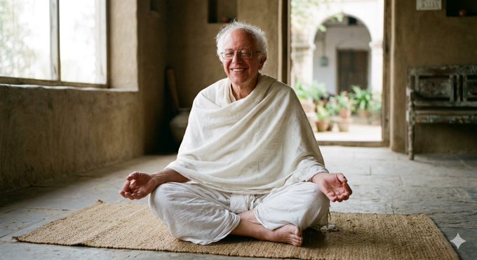 An elderly man in white robes sits cross-legged on a woven mat in a meditative pose, smiling warmly in a rustic stone room that opens to a sunlit courtyard. The image humorously satirizes the post's tongue-in-cheek call for a "Wealth Redistribution Protocol" by evoking imagery of a peaceful, enlightened guru—fitting the "Gulag approves" communist joke, while providing a calm, spiritual counterpoint to the post's playful revolutionary tone.