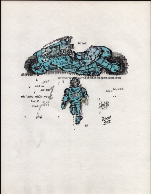 A hand-drawn sketch on white paper depicting a blue motorcycle and a small figure, featuring the text 'AKIRA AKIRA', 'oh baby when you talk like that', and 'CHAIN CHAIN CHAIN'.