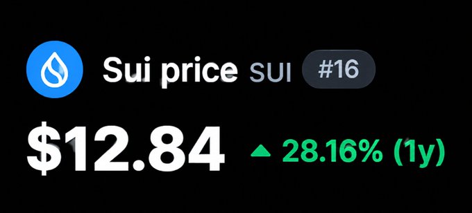 A cryptocurrency price tracker displays Sui (SUI), ranked #16, trading at $12.84 with a 28.16% gain over the past year. This bullish performance supports the post's call for believers in $SUI's potential during this market cycle.