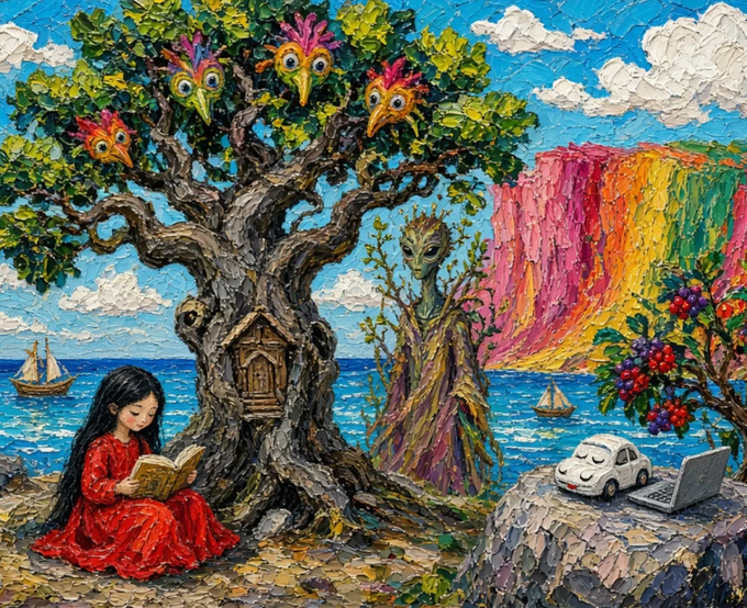 A vibrant, impasto-style oil painting depicting a girl in a red dress reading under a tree with colorful bird-like creatures, with a Groot-like tree figure, a rainbow waterfall, sailboats, and a surreal scene of a white car and laptop on a rocky outcrop to the right.