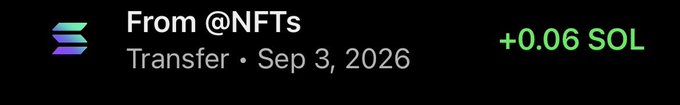 A transaction notification showing a transfer "From @NFTs" dated Sep 3, 2026, with an amount of +0.06 SOL received, consistent with the post highlighting early Solana wallets receiving tokens via transfer.
