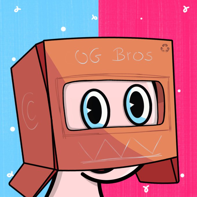 A cartoon character with a cardboard box on its head, featuring drawn-on eyes and the text 'OG Bros' written on top, set against a split blue and pink background.