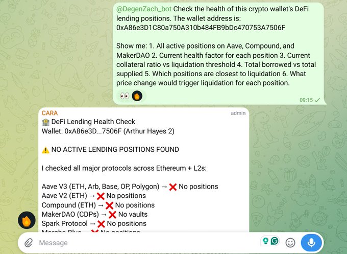 A screenshot of a Telegram chat shows an admin bot named CARA responding to a user request to check the DeFi lending health of wallet address "0xA86e3D...7506F (Arthur Hayes 2)", reporting "NO ACTIVE LENDING POSITIONS FOUND" after scanning major protocols like Aave V3, Aave V2, Compound, MakerDAO, Spark, and Morpho Blue across Ethereum and L2s. This illustrates the post's point about $ATH-powered agents like CARA saving users time by automating tedious on-chain portfolio checks across multiple protocols.