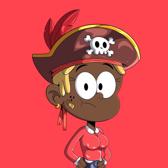 The image shows a cartoon character, likely a girl, wearing a pirate hat with a skull on it. She has dark hair styled in a ponytail and is wearing red clothing. The backdrop of the image is predominantly red, creating a striking visual effect that highlights the character. Surrounding this central focus are various other elements such as a pinkish-red apple and some text, suggesting an advertisement or promotional material related to the pirate theme.
