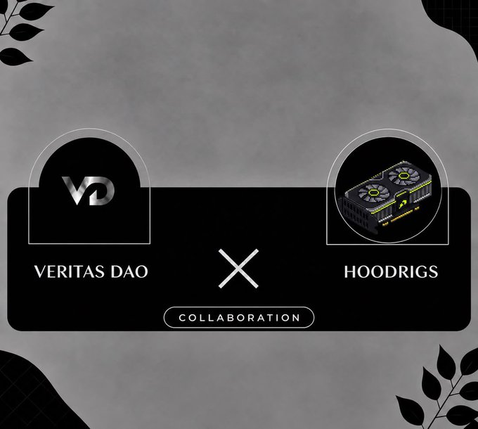 A promotional graphic announcing a 'COLLABORATION' between 'VERITAS DAO' (VD logo) and 'HOODRIGS' (GPU image) on a dark gray background with leaf accents.