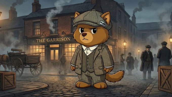 The image features a cartoon cat wearing a hat, standing on a cobblestone street with smoke coming out of chimneys behind him. In the background, there are people walking around, including a man dressed as a pirate. The caption reads "BERT is my fav memecoin The one and only main character".