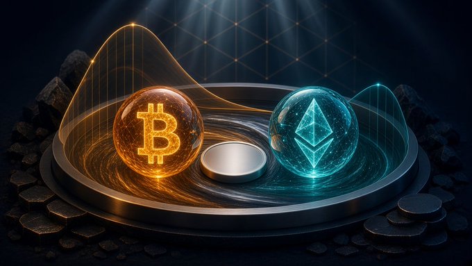 A digital illustration shows glowing Bitcoin (orange) and Ethereum (teal) orbs in crystal spheres, flanking an empty center, set against a dark geometric background with a black and orange glow.
