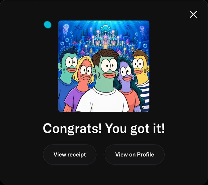 A digital celebration screen displaying 'Congrats! You got it!' above 'View receipt' and 'View on Profile' buttons, featuring an underwater-themed cartoon portrait with characters in front of an elaborate glowing blue castle.