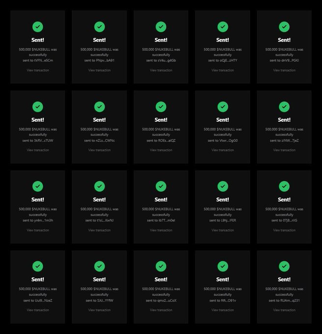 Grid of cryptocurrency transaction confirmations showing 20 successful sends of 500,000 $NAKERBULL tokens to various recipient addresses, each marked with a green 'Sent!' checkmark.